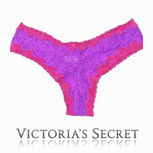 Victoria’s Secret, Purple Lace Cheeky Panty Hot Pink Lace Trim Size L